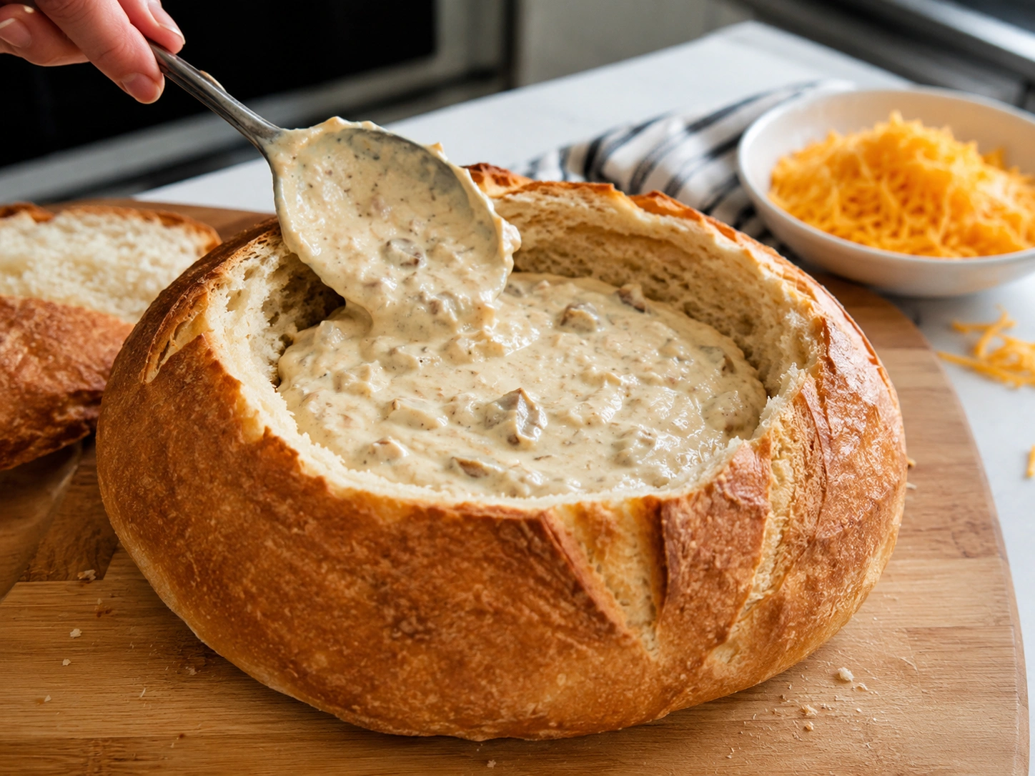 Filling the hollowed bread bowl with creamy dip mixture